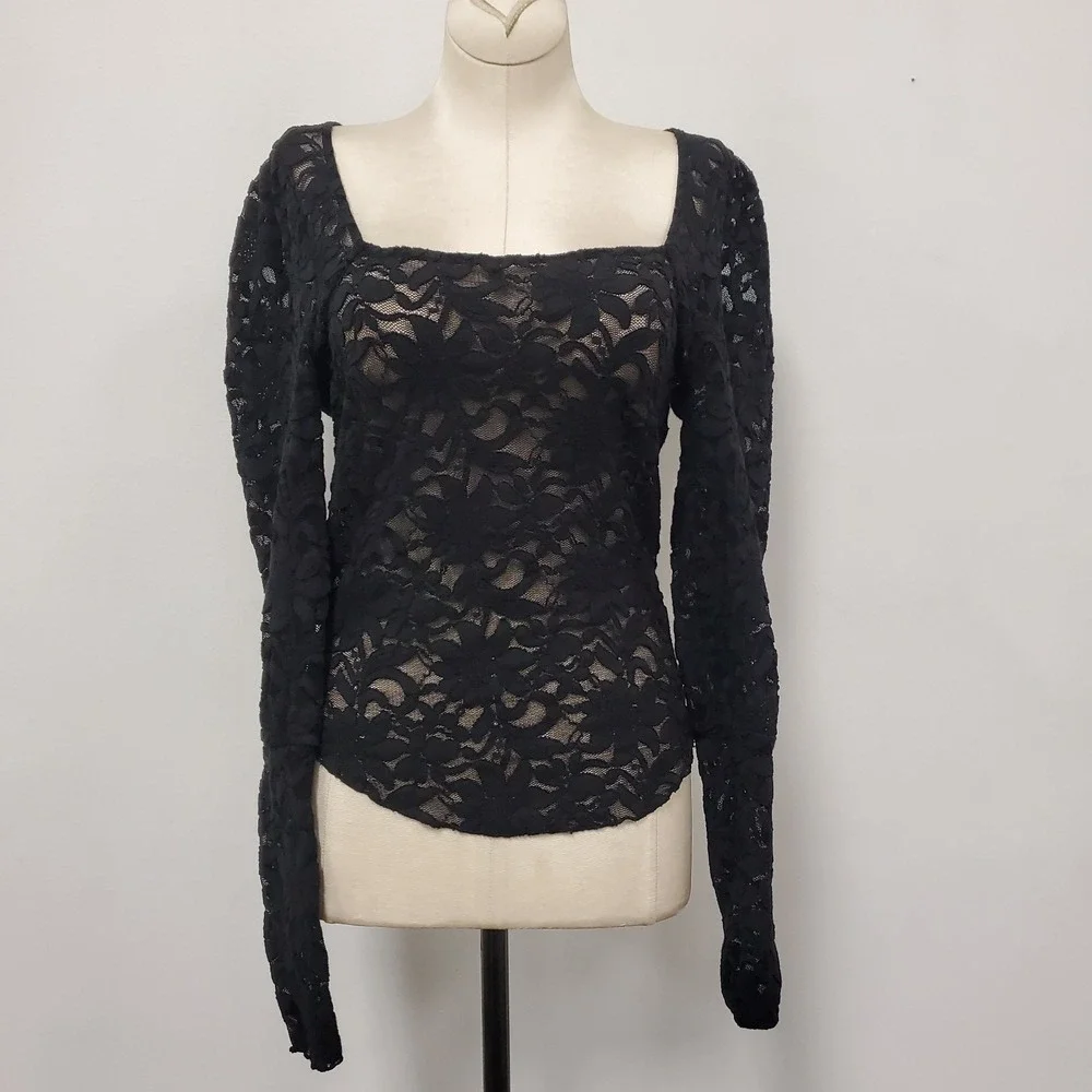 Intimately Free People Womens Crochet Square Neck Lacey Top Size M Black Sheer
